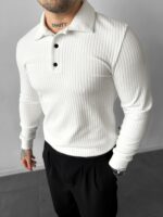 Мужская Классическая Базовая Белая Кофта Поло в Рубчик