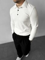 Мужская Классическая Базовая Белая Кофта Поло в Рубчик