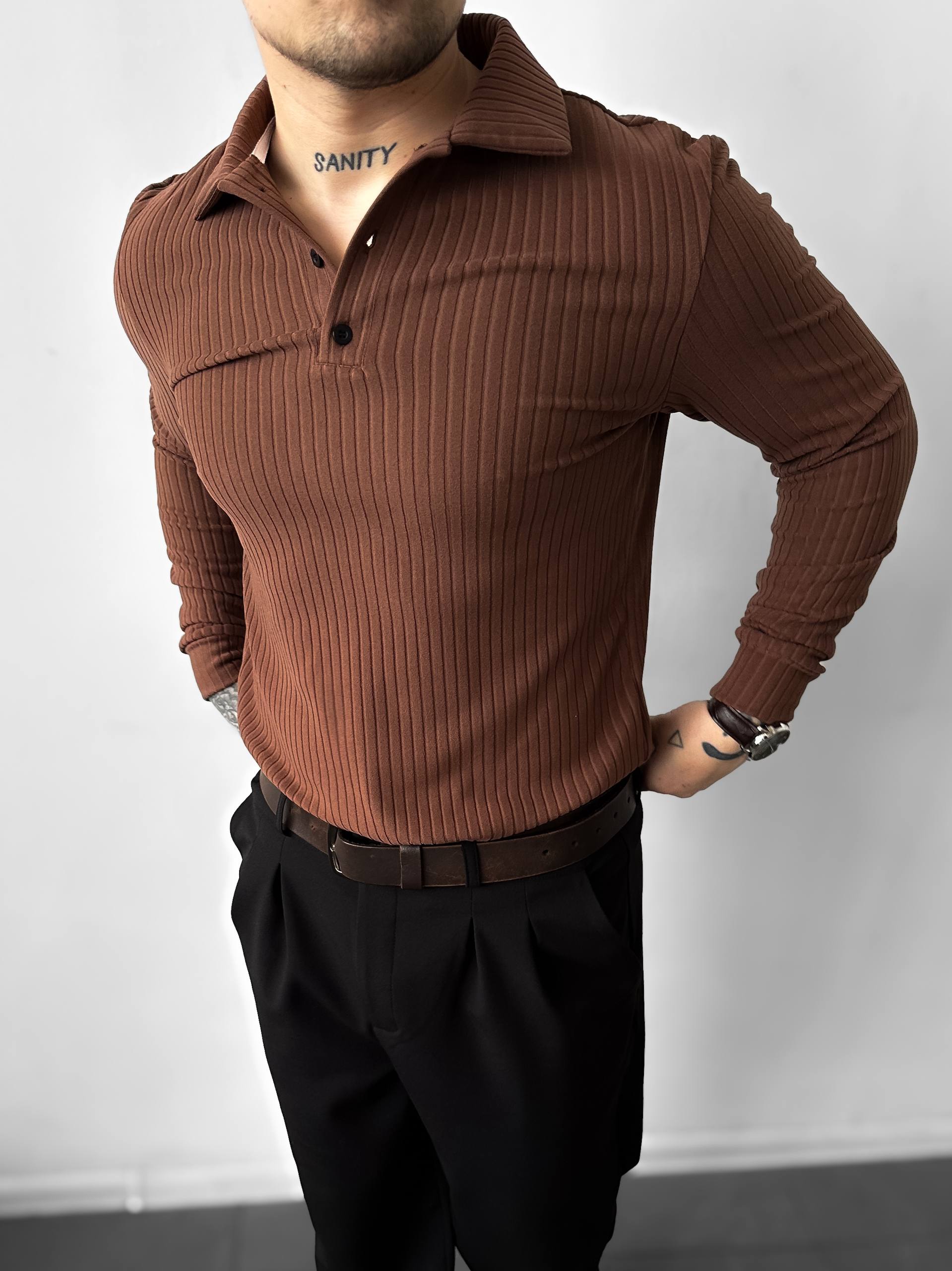 photo_2026-02-28_15-30-15 Мужская Классическая Базовая Коричневая Кофта Поло в Рубчик