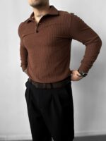 Мужская Классическая Базовая Коричневая Кофта Поло в Рубчик