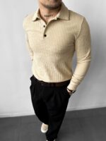 Мужская Классическая Базовая Бежевая Кофта Поло в Рубчик
