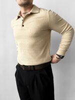 Мужская Классическая Базовая Бежевая Кофта Поло в Рубчик