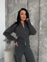 Женский Трикотажный Графитовый Костюм Кофта Штаны - Базовый Свободный на Молнии