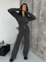 Женский Трикотажный Графитовый Костюм Кофта Штаны - Базовый Свободный на Молнии