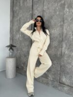 Женский Трикотажный Молочный Костюм Кофта Штаны - Базовый Свободный на Молнии