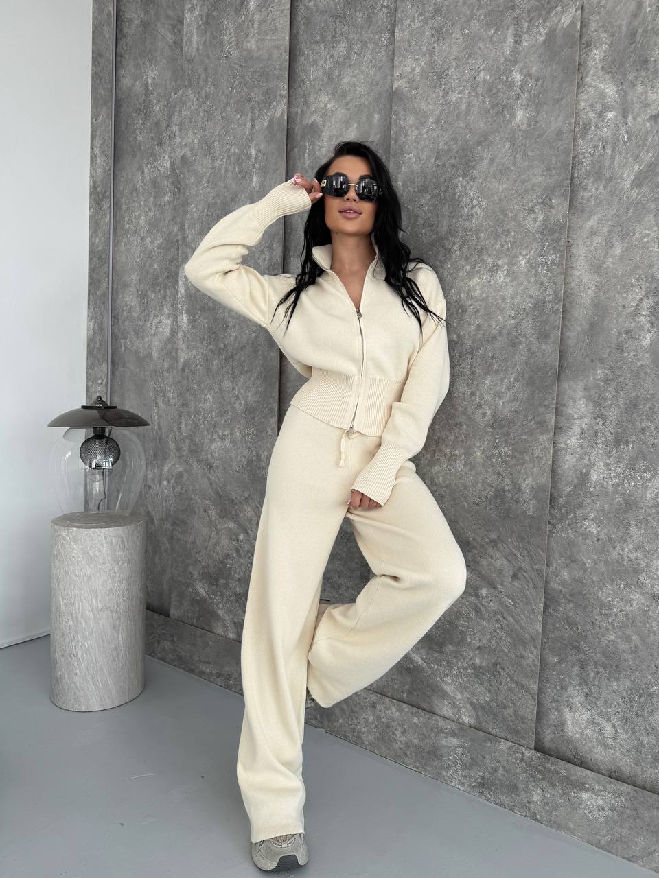 photo_2026-03-01_09-32-38 Женский Трикотажный Молочный Костюм Кофта Штаны - Базовый Свободный на Молнии
