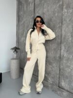 Женский Трикотажный Молочный Костюм Кофта Штаны - Базовый Свободный на Молнии