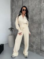 Женский Трикотажный Молочный Костюм Кофта Штаны - Базовый Свободный на Молнии