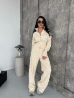 Женский Трикотажный Молочный Костюм Кофта Штаны - Базовый Свободный на Молнии