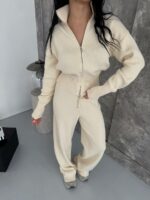 Женский Трикотажный Молочный Костюм Кофта Штаны - Базовый Свободный на Молнии