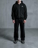 Мужской Черный Спортивный Костюм Оверсайз - Зип Худи + Широкие Штаны с Кантом