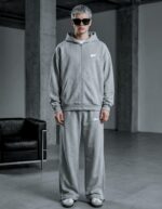 Мужской Серый Спортивный Костюм Оверсайз - Зип Худи + Широкие Штаны с Кантом