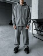 Мужской Темно-Серый Спортивный Костюм Оверсайз - Зип Худи + Широкие Штаны с Кантом