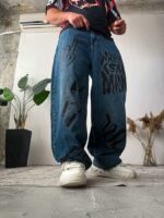 Мужские Широкие Синие Джинсы Баллоны - Объемные с Принтами