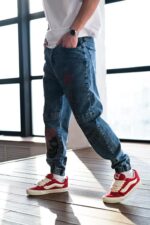 Мужские Синие Джинсы Джоггеры с Принтами - Джинсовые Штаны с Манжетами