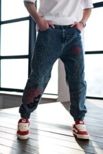 Мужские Синие Джинсы Джоггеры с Принтами - Джинсовые Штаны с Манжетами