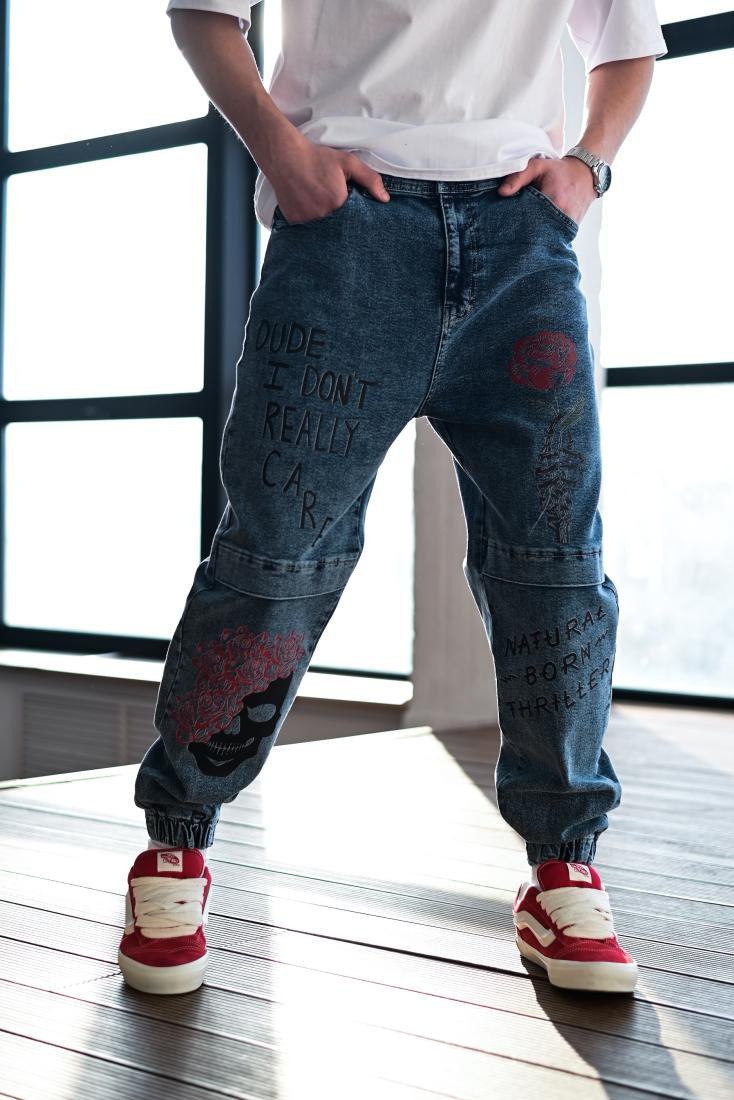 photo_2026-03-01_13-35-15 Мужские Синие Джинсы Джоггеры с Принтами - Джинсовые Штаны с Манжетами