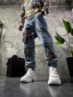 Мужские Голубые Джинсы Джоггеры с Принтами - Джинсовые Штаны с Манжетами