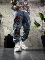 Мужские Голубые Джинсы Джоггеры с Принтами - Джинсовые Штаны с Манжетами