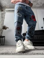 Мужские Синие Джинсы Джоггеры - Джинсовые Штаны на Манжетах с Принтами
