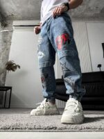 Мужские Синие Джинсы Джоггеры - Джинсовые Штаны на Манжетах с Принтами