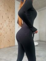 Женский Облегающий Черный Комбинезон в Рубчик - Утепленный на Флисе