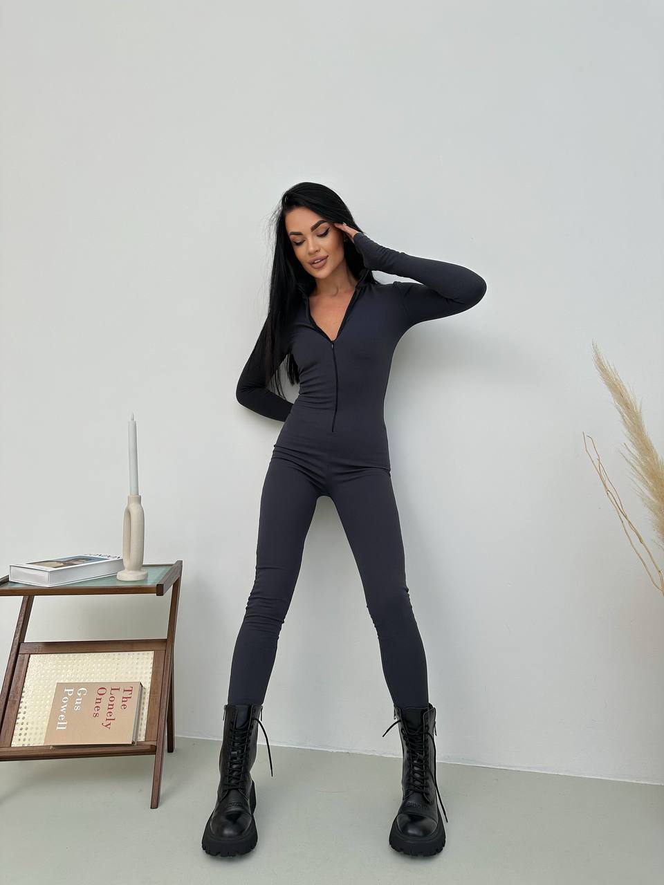 photo_2026-03-02_08-31-08 Женский Облегающий Графитовый Комбинезон в Рубчик - Утепленный на Флисе