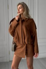 Женский Замшевый Бомбер Кэмел Свободного Кроя - Легкая Демисезонная Куртка