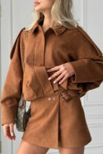 Женский Замшевый Бомбер Кэмел Свободного Кроя - Легкая Демисезонная Куртка