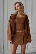 Женский Замшевый Бомбер Кэмел Свободного Кроя - Легкая Демисезонная Куртка