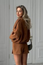 Женский Замшевый Бомбер Кэмел Свободного Кроя - Легкая Демисезонная Куртка