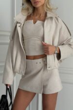 Женский Замшевый Бежевый Бомбер Свободного Кроя - Легкая Демисезонная Куртка