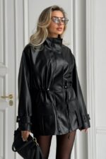 Женская Демисезонная Черная Кожаная Куртка Кора - Удлиненная с Затяжками на Талии