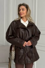 Женская Демисезонная Коричневая Кожаная Куртка Кора - Удлиненная с Затяжками на Талии