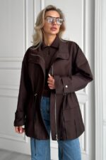 Женская Демисезонная Коричневая Куртка Джуна - Удлиненная с Кулисками на Талии
