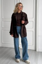 Женская Демисезонная Коричневая Куртка Джуна - Удлиненная с Кулисками на Талии