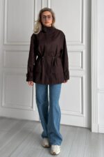 Женская Демисезонная Коричневая Куртка Джуна - Удлиненная с Кулисками на Талии