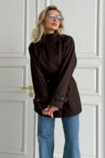 Женская Демисезонная Коричневая Куртка Джуна - Удлиненная с Кулисками на Талии