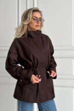 Женская Демисезонная Коричневая Куртка Джуна - Удлиненная с Кулисками на Талии