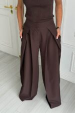 Женские Широкие Коричневые Брюки Венда Свободного Кроя со Складками