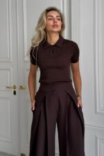 Женские Широкие Коричневые Брюки Венда Свободного Кроя со Складками