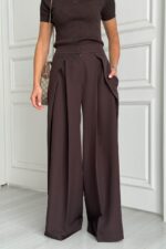 Женские Широкие Коричневые Брюки Венда Свободного Кроя со Складками