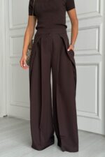 Женские Широкие Коричневые Брюки Венда Свободного Кроя со Складками