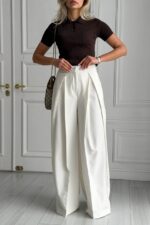 Женские Широкие Молочные Брюки Венда Свободного Кроя со Складками