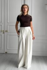 Женские Широкие Молочные Брюки Венда Свободного Кроя со Складками