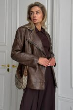 Женская Демисезонная Коричневая Кожаная Куртка Косуха Диса под Винтаж