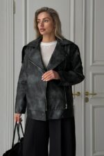 Женская Демисезонная Графитовая Кожаная Куртка Косуха Диса под Винтаж