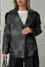Женская Демисезонная Графитовая Кожаная Куртка Косуха Диса под Винтаж
