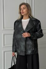 Женская Демисезонная Графитовая Кожаная Куртка Косуха Диса под Винтаж