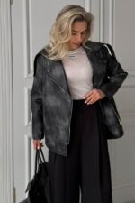 Женская Демисезонная Графитовая Кожаная Куртка Косуха Диса под Винтаж